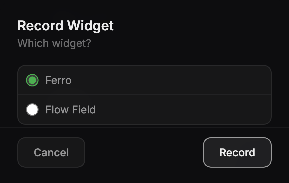 The Record Widget sheet in Form Vision, picking which widget to capture live